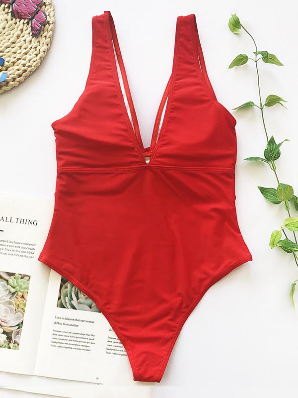 Solid Color Belted One-Piece Swimwear