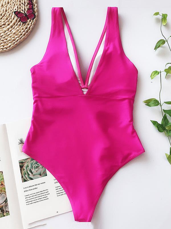 Solid Color Belted One-Piece Swimwear