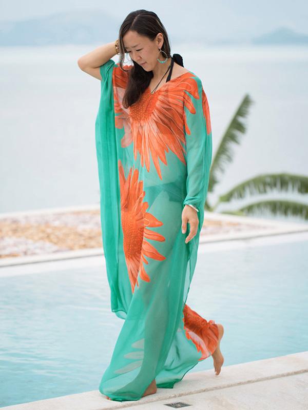 Sunflower Pattern Loose Plus Size Beach Cover-ups