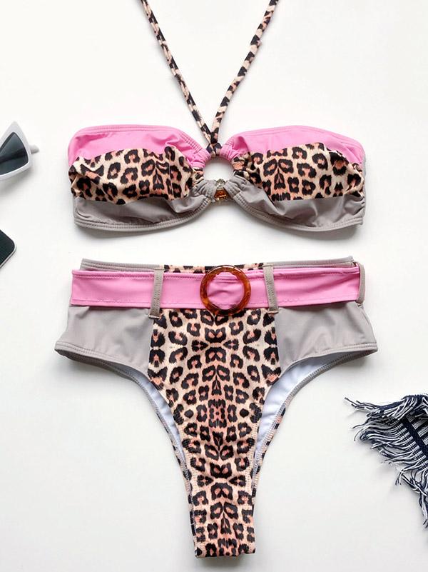 Leopard Print Split-Joint Belted Split Bikini Swimsuit