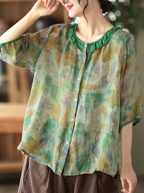 Vintage Artistic Retro Loose Floral Printed Pleated Ramie Cotton Blouse