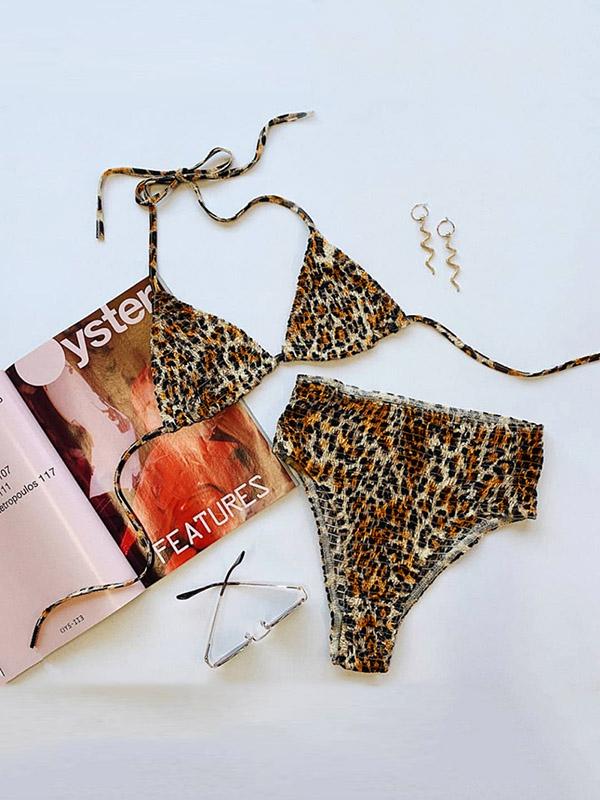 Leopard Print Triangle Bandage  Split Bikini Swimsuit