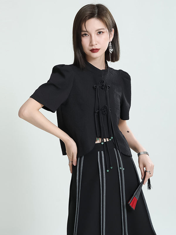 Original Stand Collar Puff Sleeves Black Split-Joint Blouse