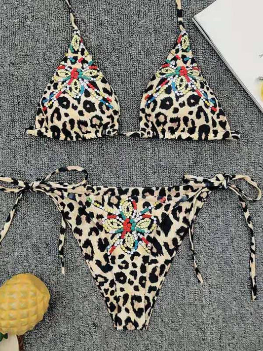 Sexy Bandage Triangles Leopard Print Split Type Bikini Swimsuit