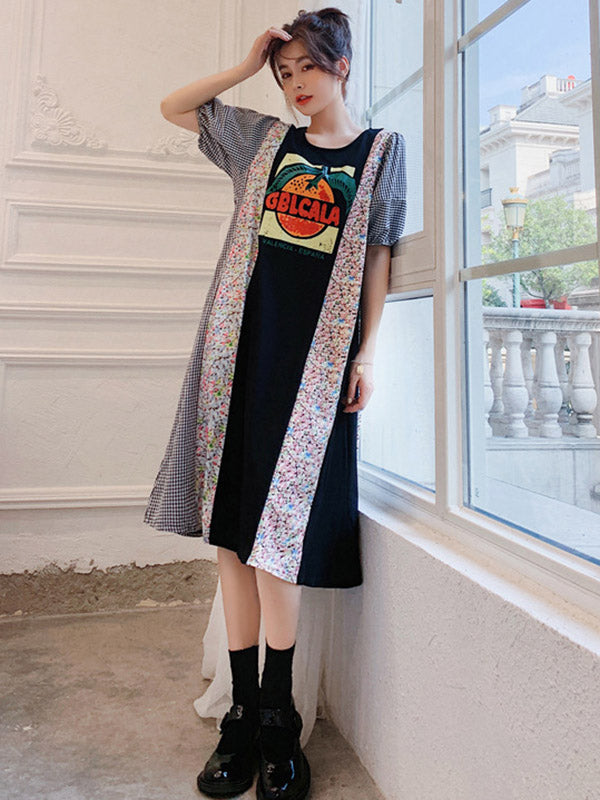 Original Split-Joint Letter Print Puff Sleeve Midi Dress