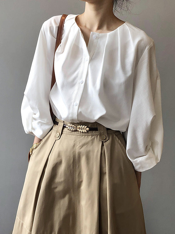 Casual Solid Color Pleated Buttoned Round-Neck Puff Sleeves Blouse