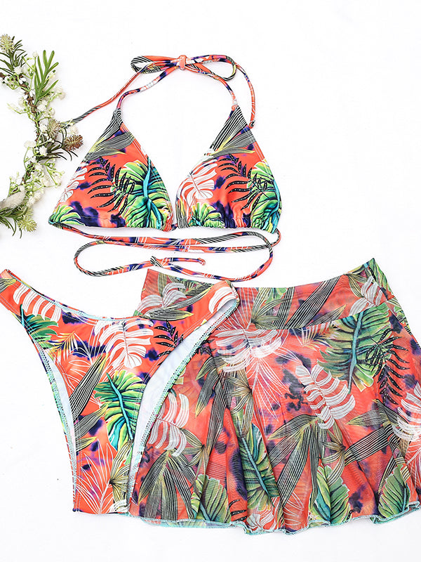 Leaf Printed Halterneck Tied Bikini Swimsuit Three Pieces Set