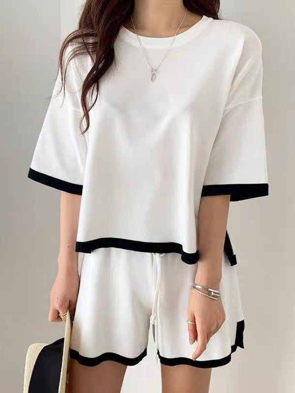 Casual Split-Side Round-Neck Half Sleeves T-Shirt+Shorts 2Pieces Set