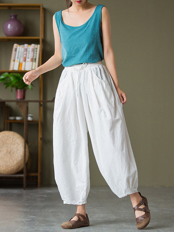 Simple Casual Loose Linen Solid Color Pleated Drawstring Knickerbockers