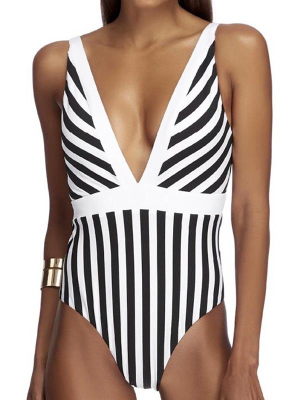 Sexy V-Neck Stripes One-Piece Swimwear