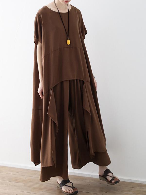 Loose Coffee Split-joint Cropped T-shirt&Wide Leg Pants Suits