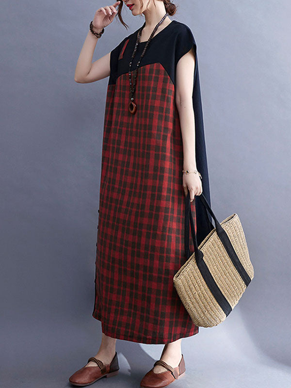 Vintage Plaid Split-Joint Round-Neck Midi Dress