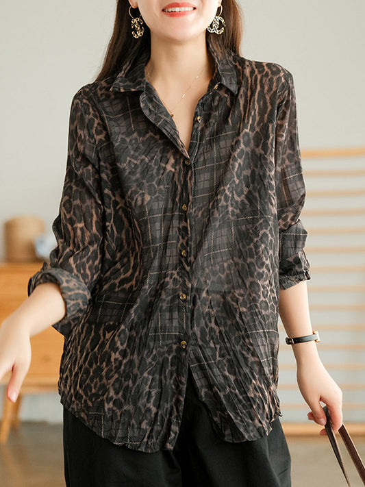 Simple Long Sleeves Leopard Printed Blouses Top