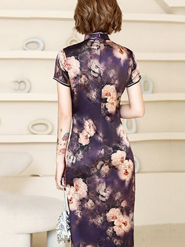 Vintage Floral Printed Split-Side Short Sleeves Stand Collar Long Cheongsams