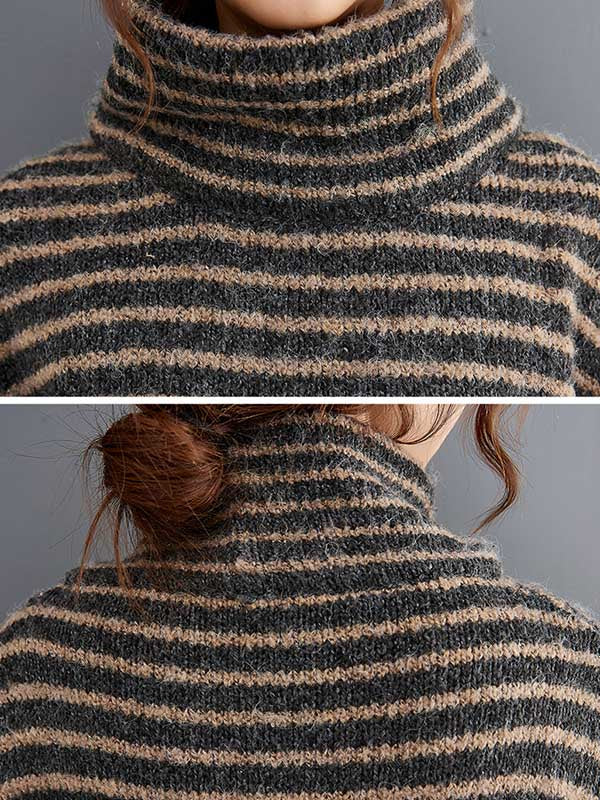 Loose Striped High-Low Heaps Collar Long Sleeves Knitwear