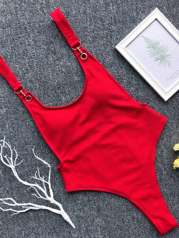 Ribbed Plain Wide Strap One-Piece Swimsuit