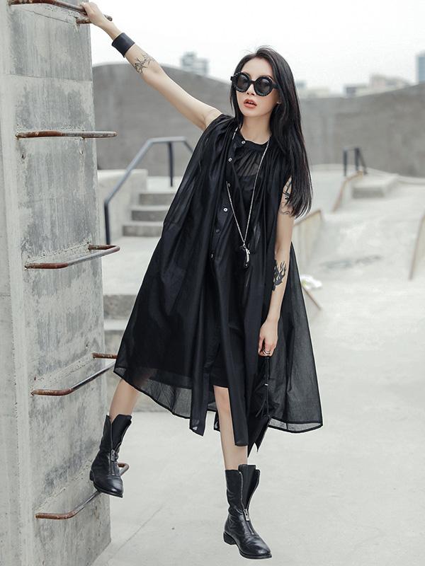 Simple Black Sleeveless See-through Long Dress