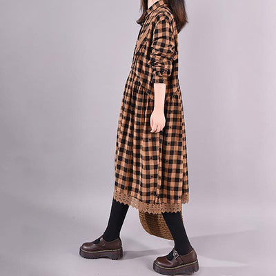 Buykud Lace Spliced Plaid Dot Loose Casual Dress