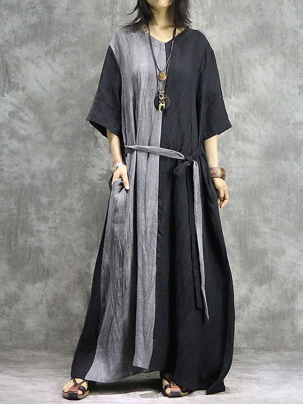 Split-joint Lace-up Cotton Long Dress