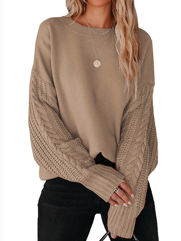 Knitted Twist Long Sleeves Solid Color Round-Neck Sweater Tops