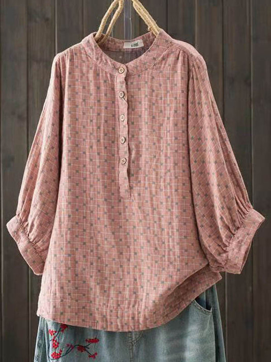 Simple Printed Buttoned Short Sleeves Blouse Top