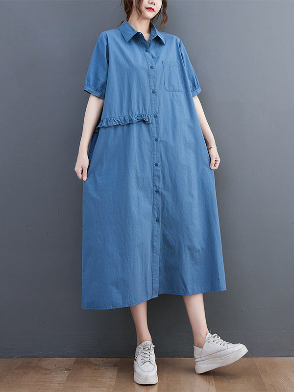 Original Artistic Retro Loose Solid Color Falbala Split-Joint Midi Shirt Dress