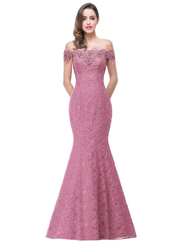 Pretty Lace Off Shoulder Fishtail Evening Dress