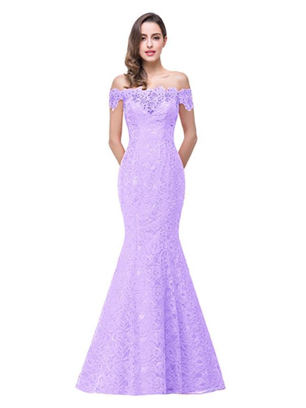 Pretty Lace Off Shoulder Fishtail Evening Dress