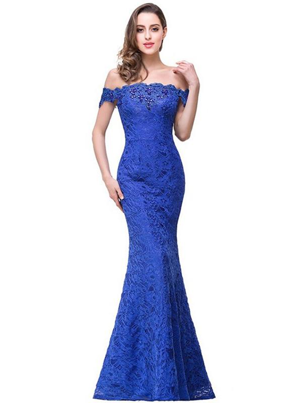 Pretty Lace Off Shoulder Fishtail Evening Dress