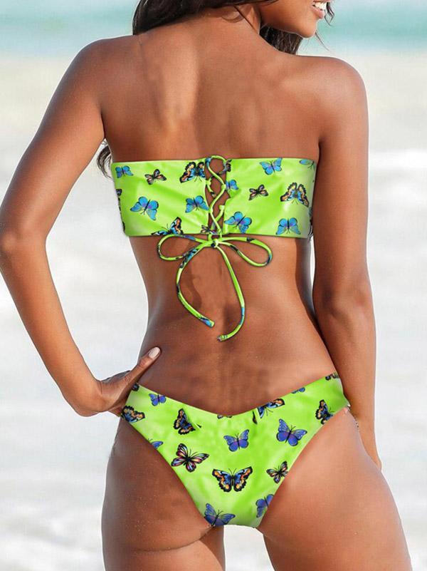 Floral-Print Bandeau Bandage Split Bikini Swimsuit