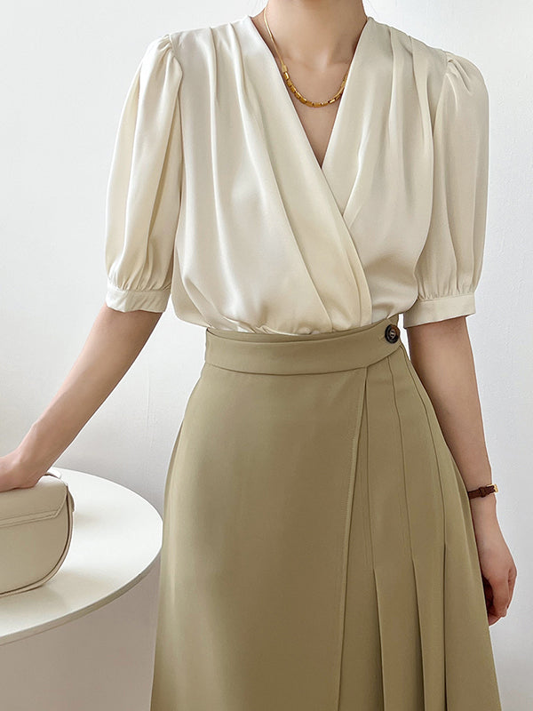 Office V-Neck Half Sleeves Solid Color Blouse