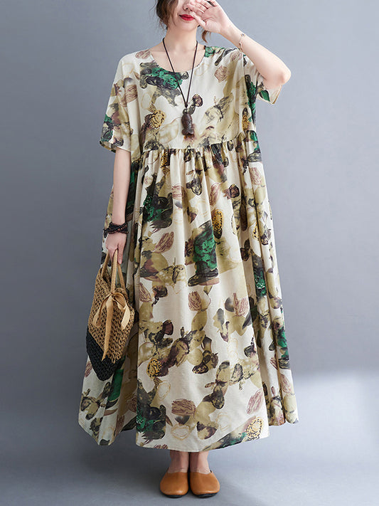 Original Artistic Retro Loose Pleated Floral Printed Midi Dress