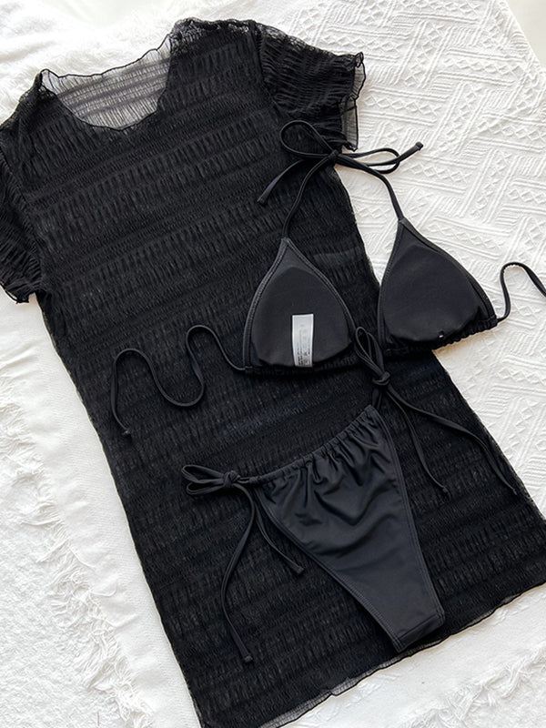 See-Through Black Bikini Swimwear Three Pieces Set