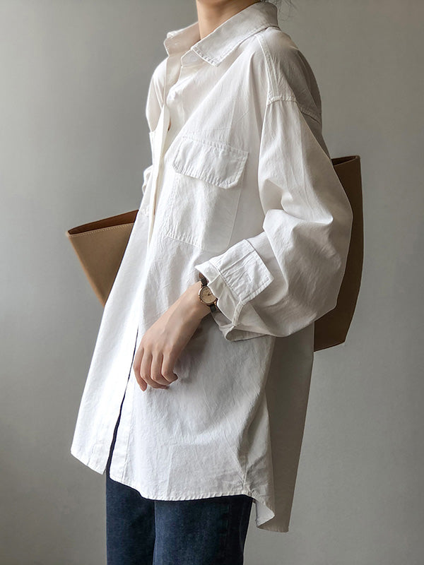 Causal Simple Solid Color Split-Joint With Pocket Buttoned Lapel Collar Long Sleeves Blouse