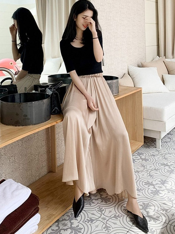 Casual Loose Solid Color Elasticity High-Waist Wide Legs Pants