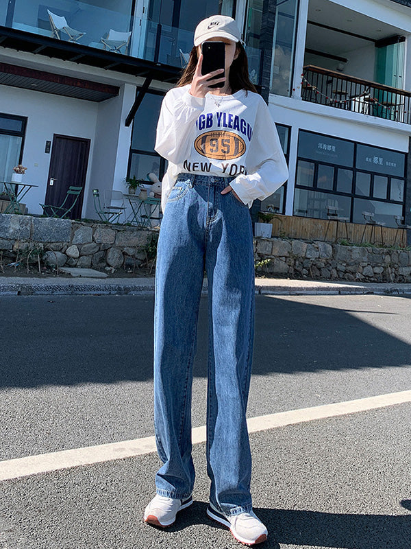 3 Colors Simple High Waisted Wide Leg Jean Pants Bottoms