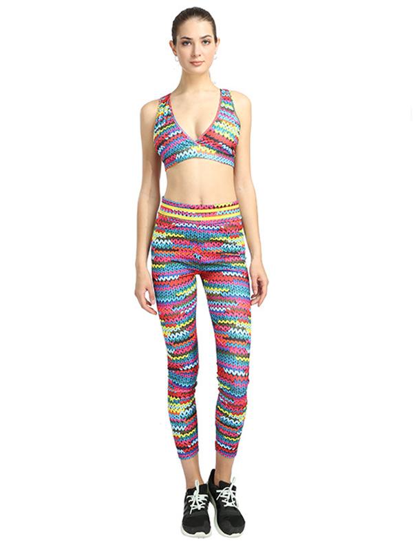 Wave Printed Bralette Bra And Leggings Suits