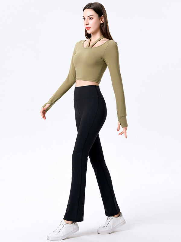 Wrap Hollow Long Sleeves Tees&Flared Leggings Suits