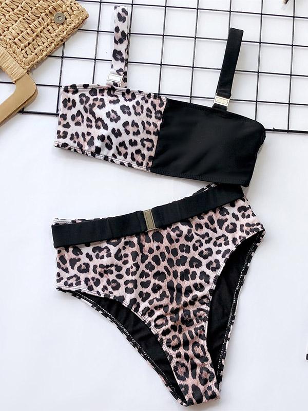 Empire Leopard Stitching Bikini Swimsuit