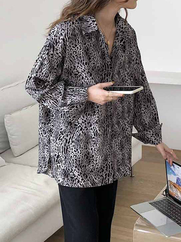 Stylish Leopard Buttoned Lapel High-Low Long Sleeves Blouse Tops