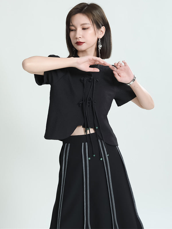 Original Stand Collar Puff Sleeves Black Split-Joint Blouse