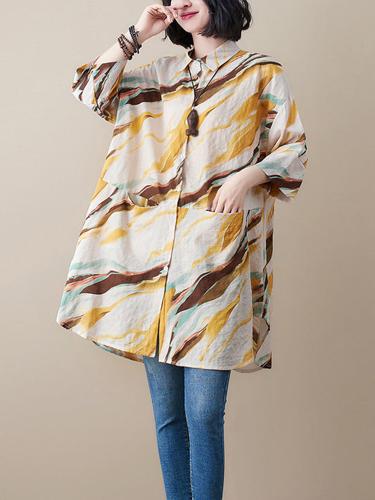 Artistic Retro Contrast Color Printed Split-Joint Blouse