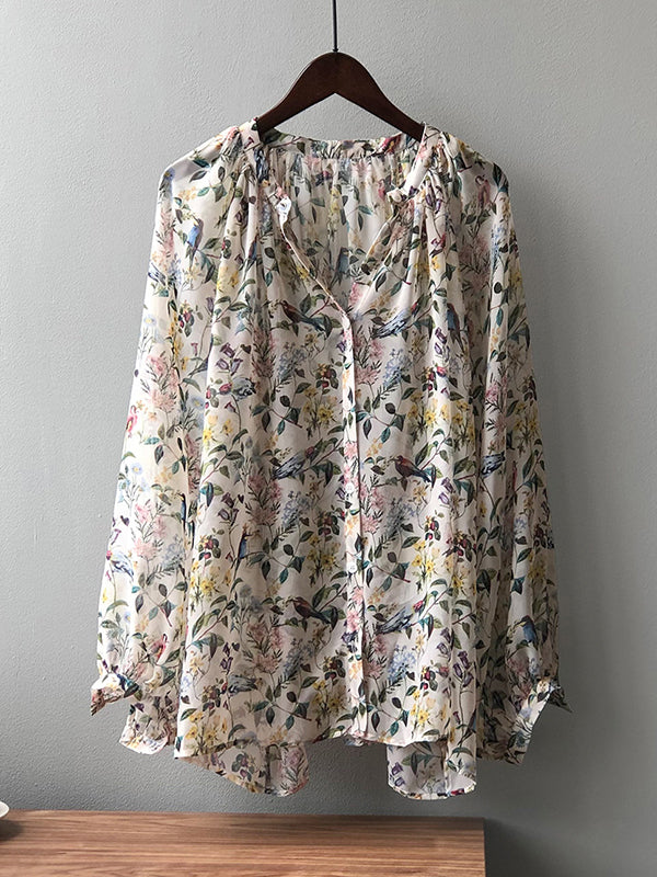 Urban Multi-Colored Floral Printed Puff Sleeves Chiffon Blouse