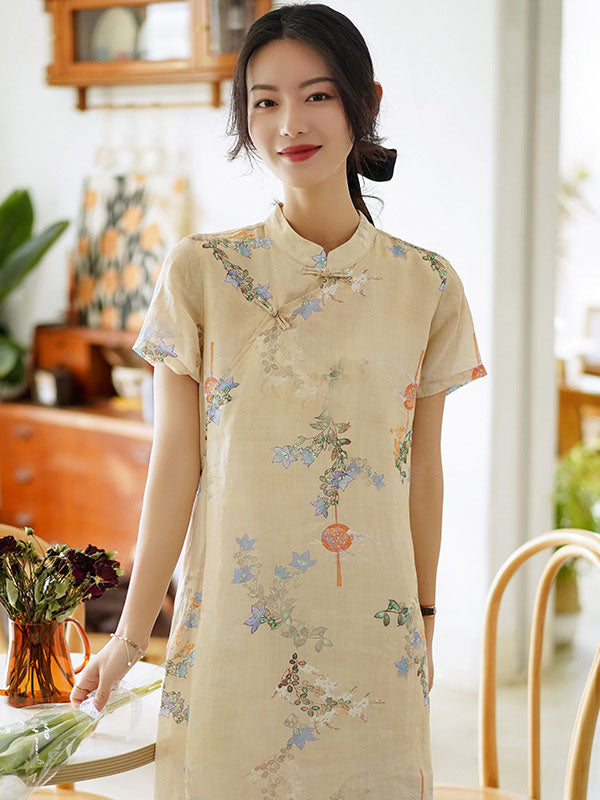 Vintage Ramie Cotton Floral Printed Stand Collar Split-Side Short Sleeves Dress Long Cheongsam