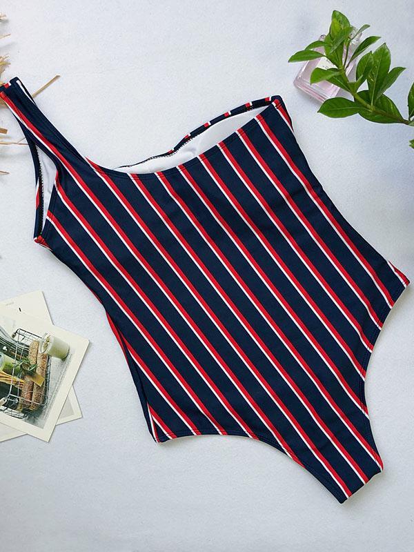 Single Shoulder Striped&Plain One-piece Swimwear