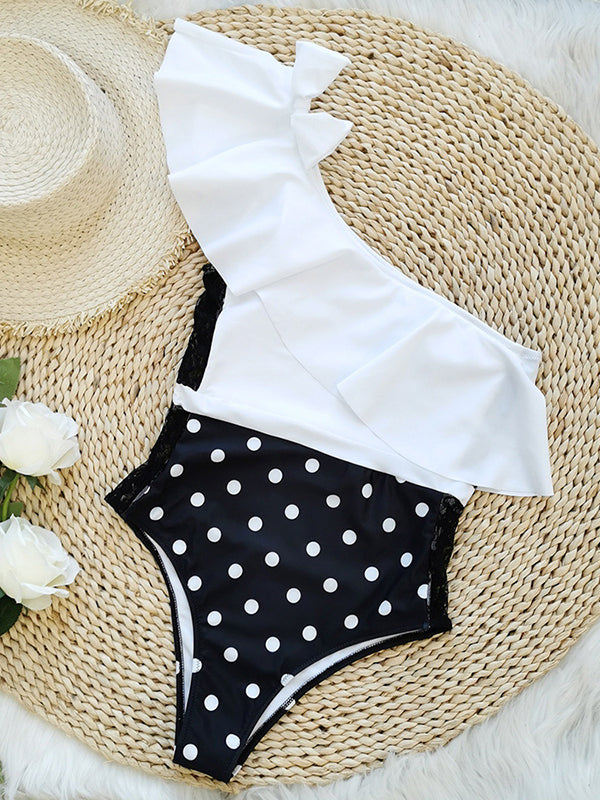 Polka Dot Bow-Embellished Falbala One Shoulder One-Piece Swimsuit