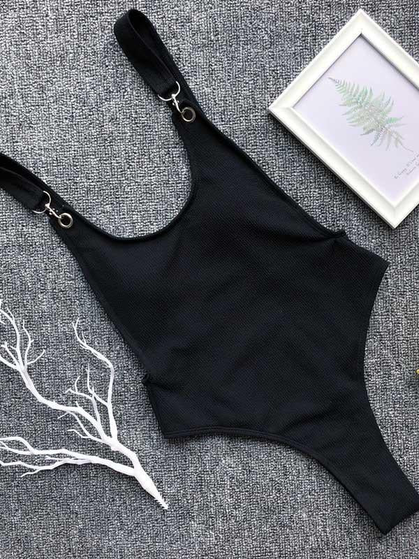 Ribbed Plain Wide Strap One-Piece Swimsuit