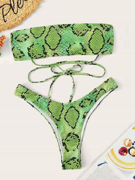 Sexy Strapless Bandage Snake Pattern Split Bikini Swimsuit