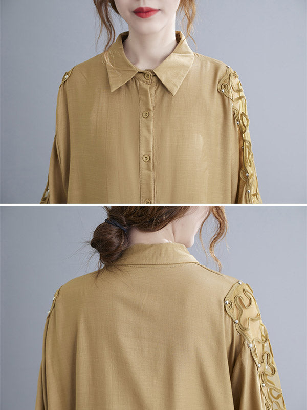 Casual Split-Joint Lace Hollow Seven-Quarter Sleeves Blouses Top