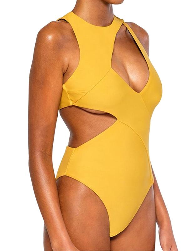 Bandage Plain Yellow One-piece Swimwear